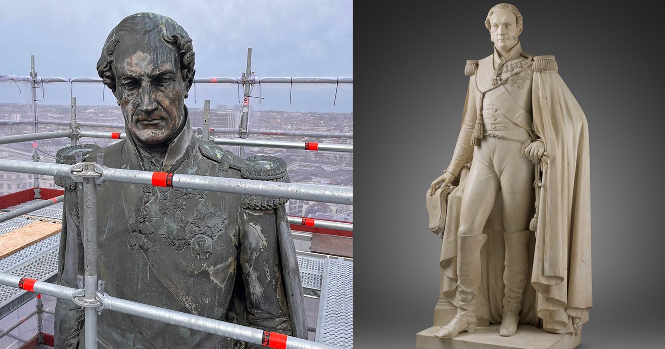 Links: Leopold I in brons op de Congreskolom in restauratie. © Erfgoed Brussel  |  Rechts: Leopold I in marmer © KMSKB
