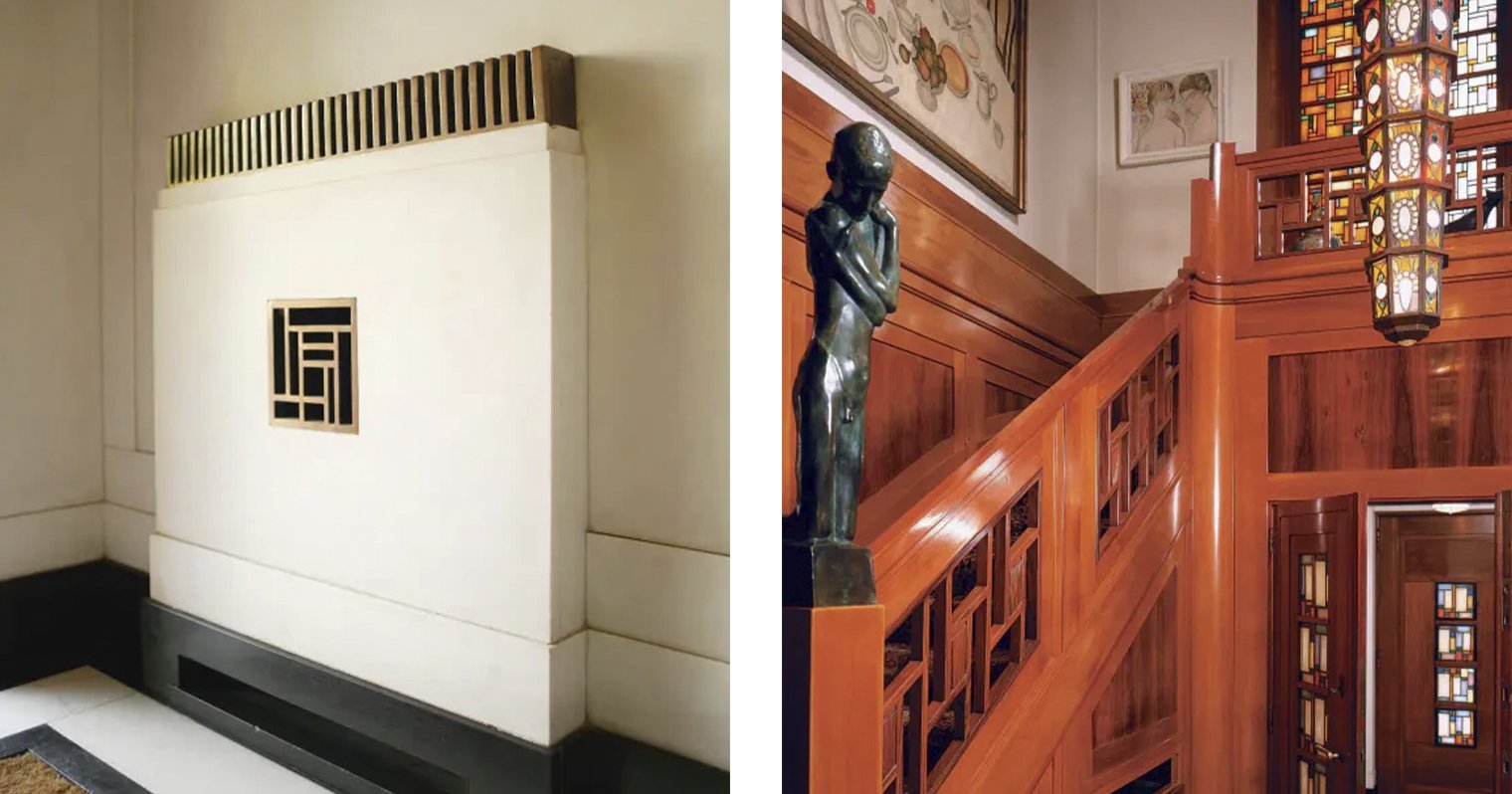 À gauche : armoire de radiateur avec motif conçu par David van Buuren. À droite : hall d'entrée avec statue de Georges Minne © Musée et Jardins Van Buuren